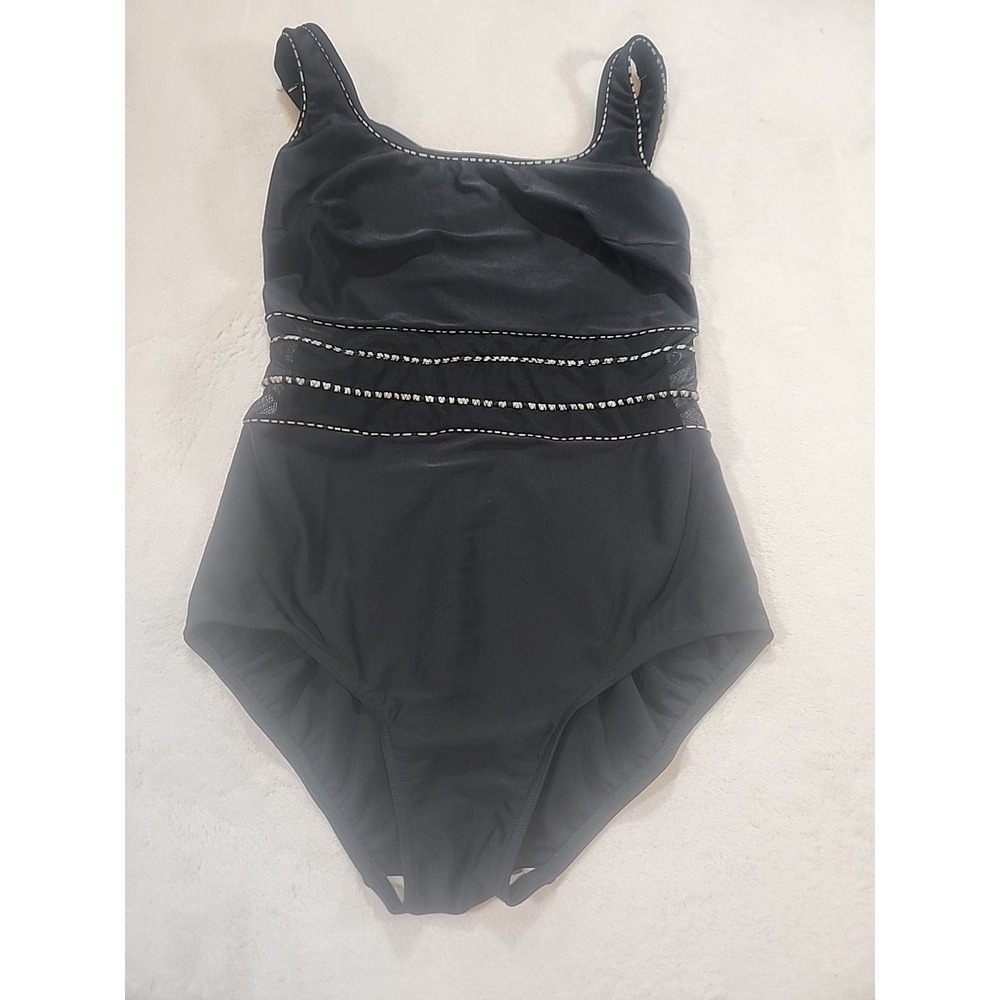 Christina One-piece Swimsuit Size 14W‎ Black w/tan Stitching Sheer Cutout